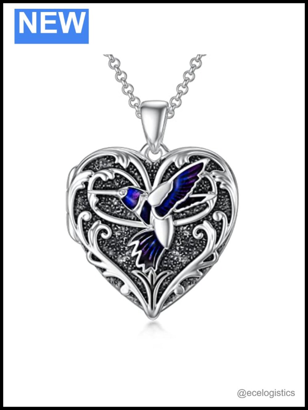 S925 Sterling Silver Heart Locket Necklace Holds Pictures Hummingbird